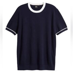 New BOSS Boss Grosso Short Sleeve Cotton Dark Blue Navy Knit Sweater, size L